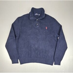 Polo Ralph‎ Lauren Sweater Mens XL. 3 Button Cotton Mock Neck Blue Red Pony